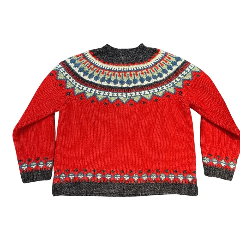 Eddie Bauer Fair Isle Wool Sweater Womens S Red Nordic Crew Neck Heavy Knit